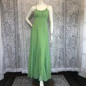 70's Vintage Green White Polka Dot Striped Maxi Dress Medium Large Sexy Gorgeous